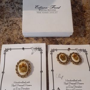 VINTAGE Porcelain Pressed Flower Earrings & Brooch